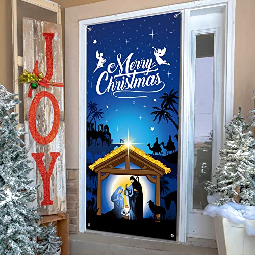 Nativity Christmas Door Cover Nativity Scene Banner 71 x 35 in Polyester Front Door Decor