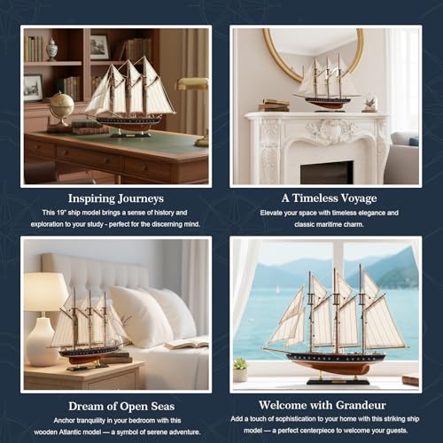 19-Inch Wooden Atlantic Schooner Model Ship Nautical Home Decor