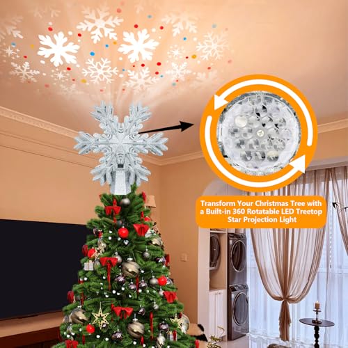 Christmas Snowflake Tree Topper with Rotating LED Projector - Silver Snowflake
