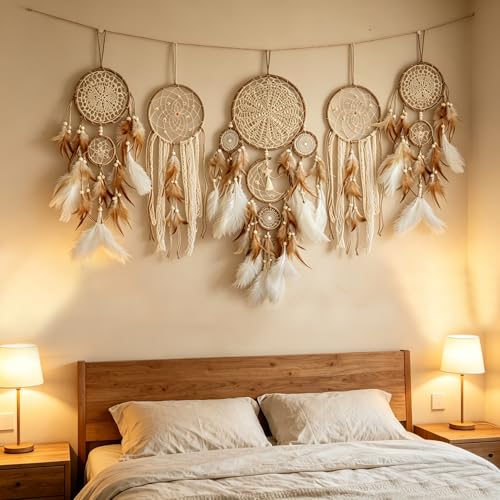 5-Piece Moon Phase Dreamcatcher Set, Boho Macrame Wall Hanging Decor