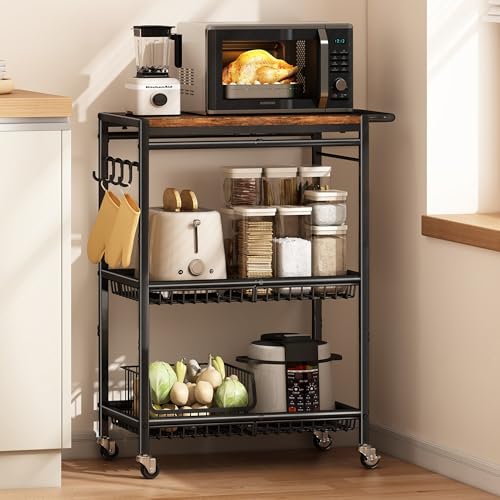 Rolling Kitchen Microwave Cart with Adjustable Shelf and Storage Hooks