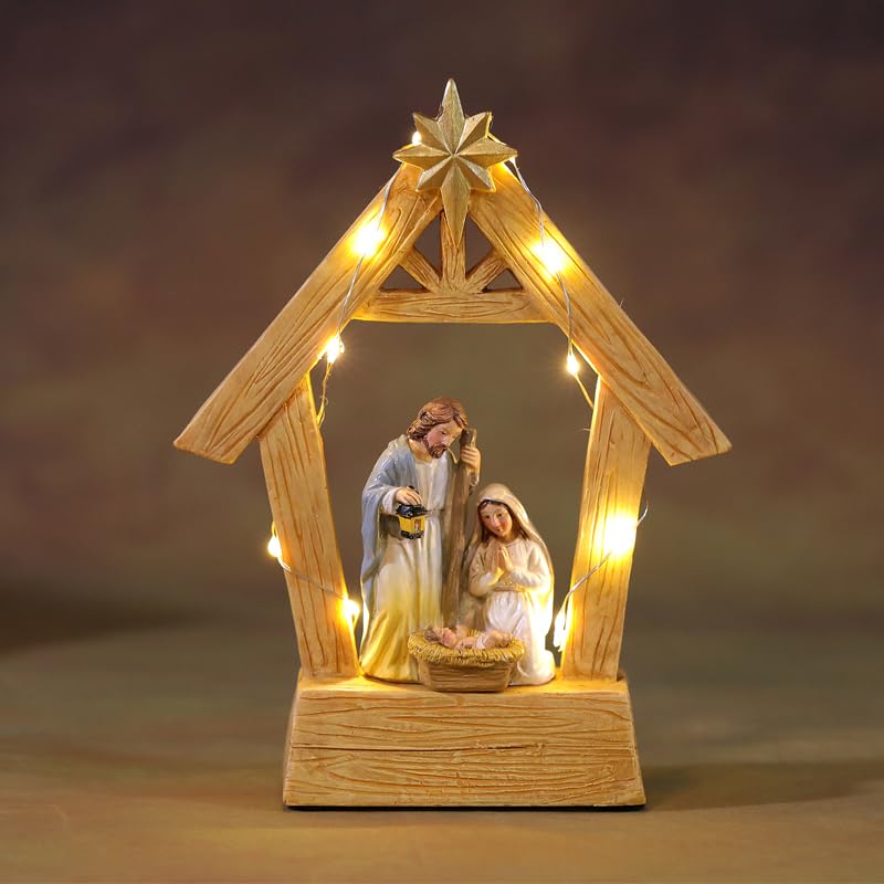 7.3-Inch LED Lighted Nativity Set - Hand-Painted Resin Holy Family Statue