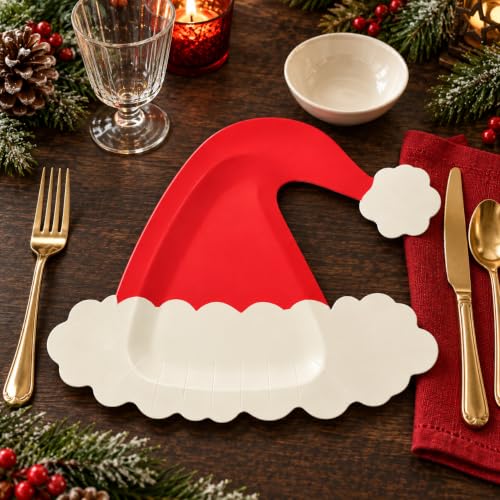 50PCS Christmas Santa Hat Paper Plates - Red Holiday Disposable Tableware