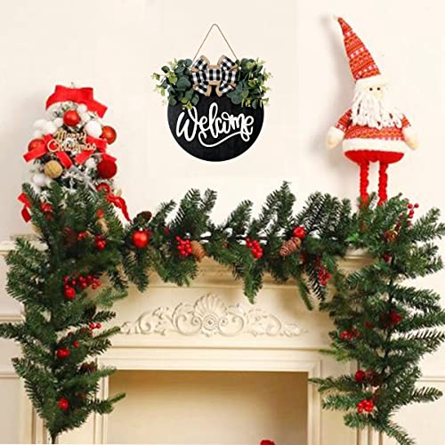 Rustic Welcome Sign for Front Door, 12-Inch Round Wooden Farmhouse Wreath