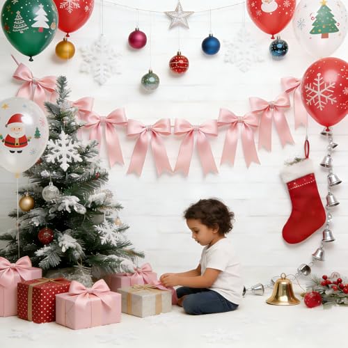 Pink Bow Garland Banner - Pre-Strung Satin Ribbon Bow Decor (6.7ft)