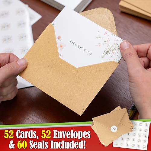 Floral Thank You Cards Bulk 52-Pack with Envelopes and Stickers, 3.5x5