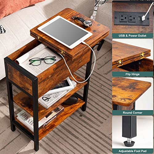 Narrow End Table with Charging Station & Flip Top Storage Shelves