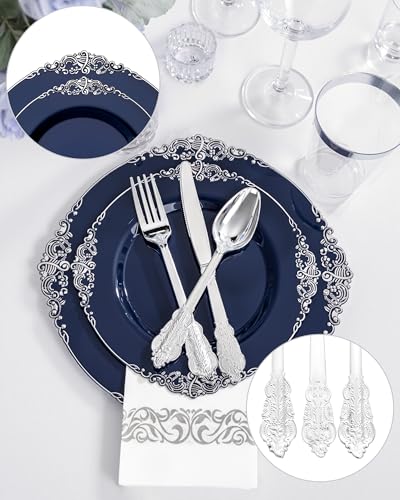 Blue and Silver Disposable Plates Set for Graduation - 350 pcs, Baroque Style, 50 Guests