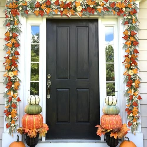 6FT Lighted Fall Maple Leaf Garland with Timer & Pumpkins for Mantel Decor