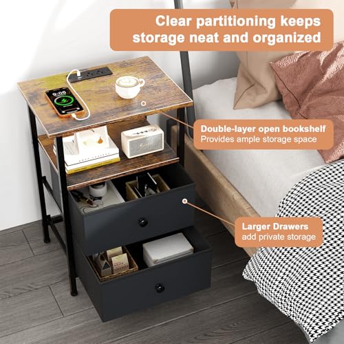 Nightstand with Charging Station, 2 Fabric Drawers & USB Ports