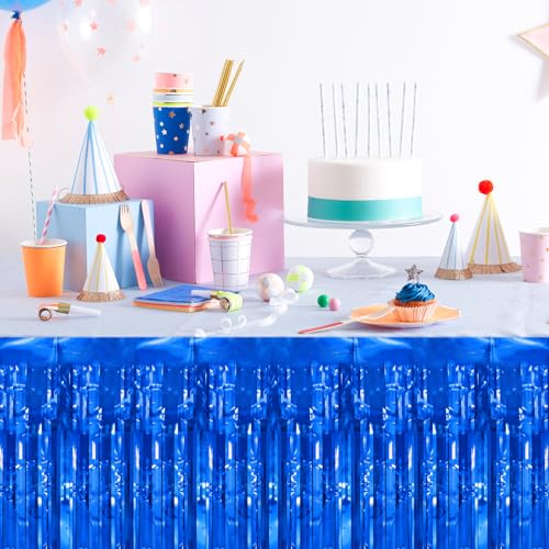 Blue Metallic Foil Fringe Table Skirt - 29.5x108 Inch Party Decoration (2 Pack)