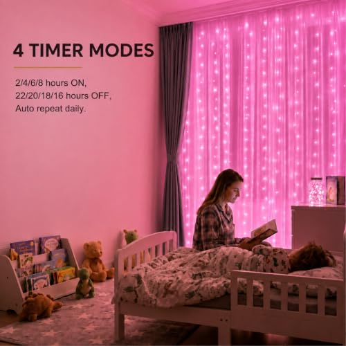 300 LED Pink Curtain Fairy Lights with Remote, 9.8x9.8 Ft USB String Lights