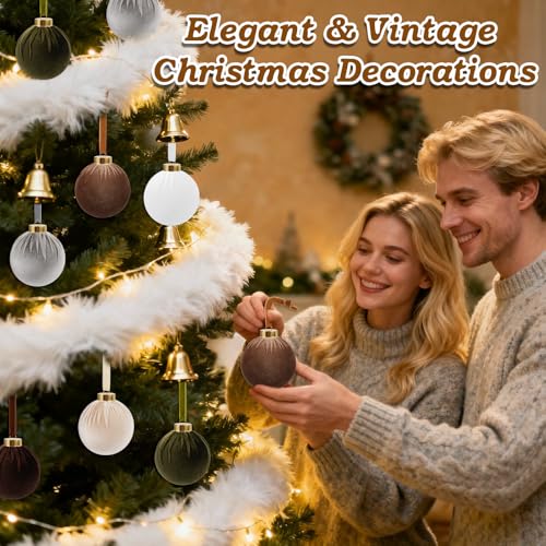 Shaxcoq 12-Pack Velvet Christmas Ornaments – 6 Color Neutral Velvet Ball Set with Ribbons