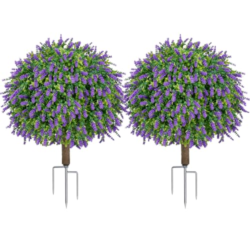 24.7-Inch Artificial Boxwood Topiary Ball Trees with Lavender, Set of 2