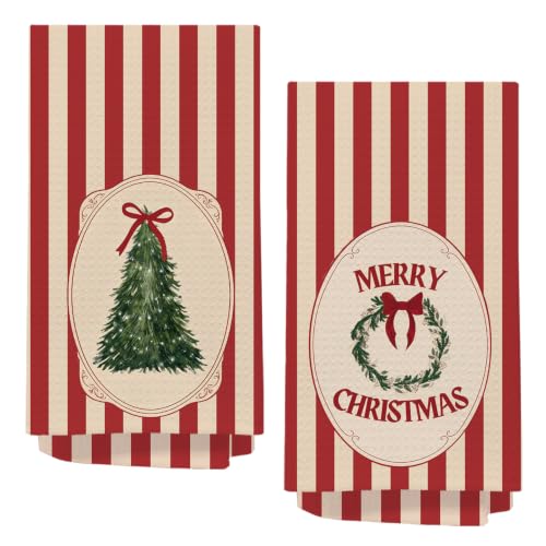 Red Striped Christmas Kitchen Towels Set of 2 16x24in Holiday Decor