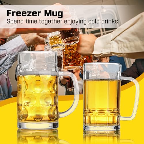 20 oz Heavy Glass Beer Mugs with Handles - Set of 2 Freezer Safe Steins