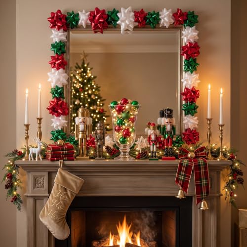 Christmas Mirror Bows Set 48 Pcs - Red, Green & White Self-Adhesive 2 Sizes