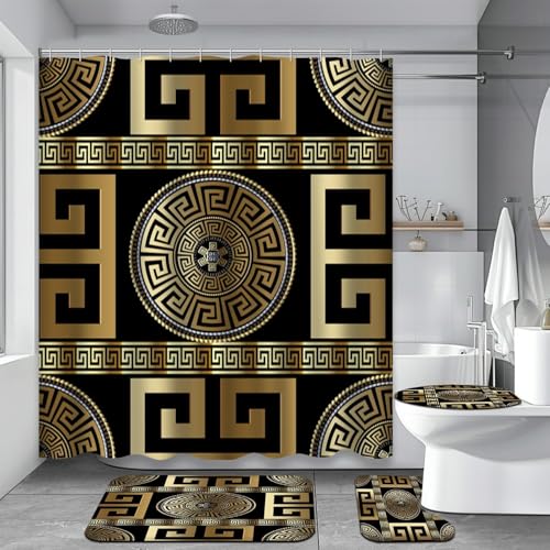 Black Gold Greek Key 4-Piece Bathroom Set - Shower Curtain & Non-Slip Mats