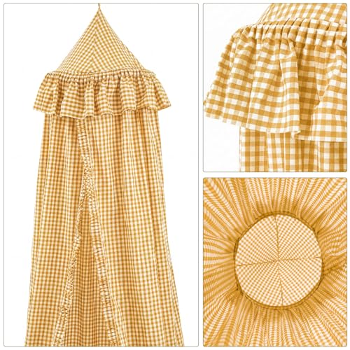 Yellow Gingham Plaid Bed Canopy with Ruffles - Soft Vintage Hanging Tent