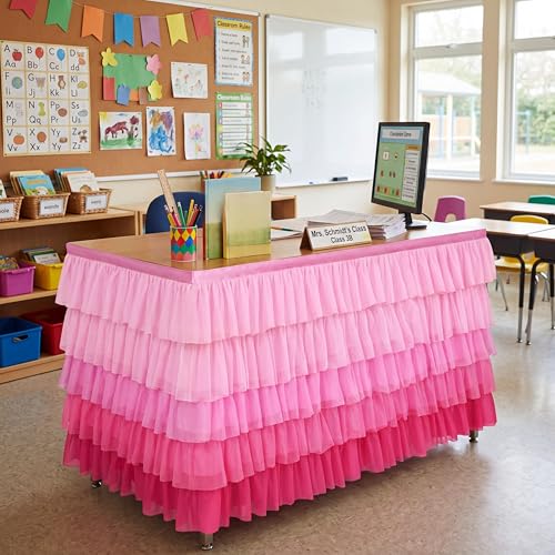 6ft Pink Ruffled Tulle Table Skirt for Rectangle Tables