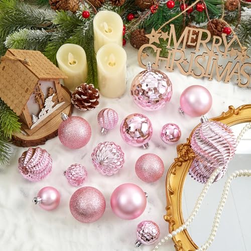 Jorysics Pink 36pc Shatterproof Christmas Ball Ornaments with Hanging Loop – 6 Styles in 3 Sizes