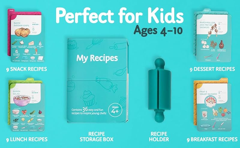 Kids Recipe Box with 36 Visual Step-by-Step Cards and Holder