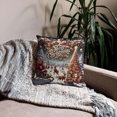 2 Pack 16x16 Inch Merry Christmas Santa Reindeer Snowflake Pillow Covers - Home Decor Cushion Cases for Sofa Bed Living Room