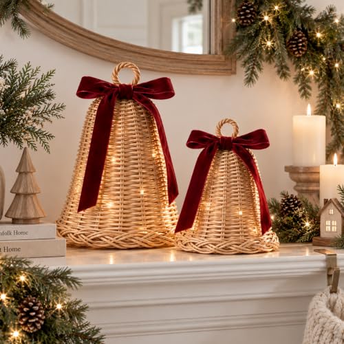 Yookeer 2 Pack Large Wicker Rattan Christmas Bell Decor with Lights - Rustic Holiday Ornaments