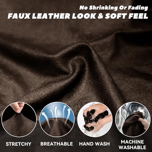 Loveseat Slipcover Set, Non-Slip Stretch Faux Leather, Dark Brown, Fits 58-66"
