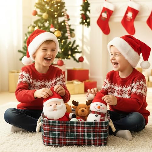 INough Red Christmas Gift Basket with Handles - Empty Collapsible Storage Bin, 13.8 x 10.2 x 5.1in, Water-Resistant Canvas