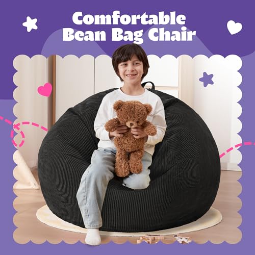 2ft Memory Foam Bean Bag Chair - Comfortable Corduroy Floor Lounger, Black