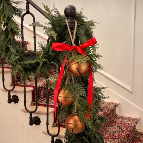 Antique Bronze 16-Inch Christmas Bell Set with Hanging Rope, Pack of 2