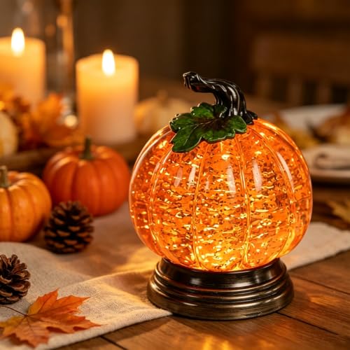 Lighted Pumpkin Snow Globe with LED Glow and Glitter, 6.25-inch