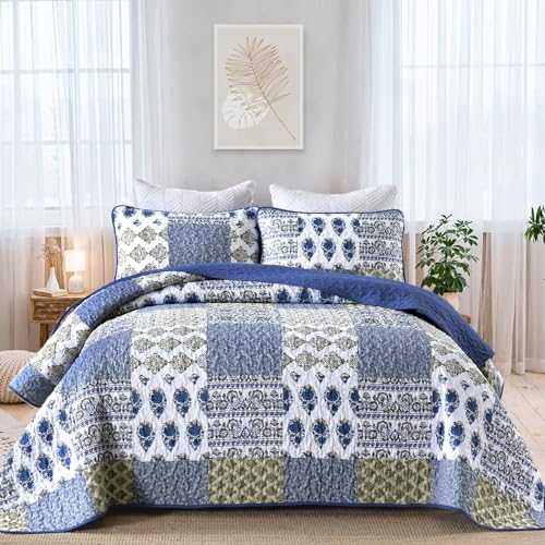 King Size Patchwork Floral Quilt Set - Aqua Blue Microfiber