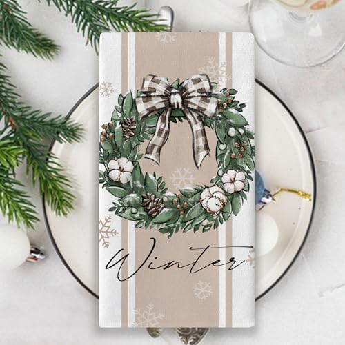 Seliem Winter Wreath & Mitten Kitchen Dish Towels Set of 2 - Brown, Holiday Decor