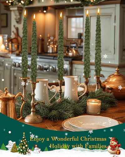 LPUSA Christmas Tree Taper Candles Olive Green 10in, Set of 4 - Unscented, Dripless