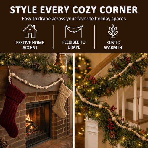 7.2 Ft Gold Wooden Bead Garland for Christmas Decor - Natural Finish