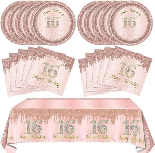 Sweet 16 Birthday Party Decorations Set, Rose Gold Plates and Napkins Kit