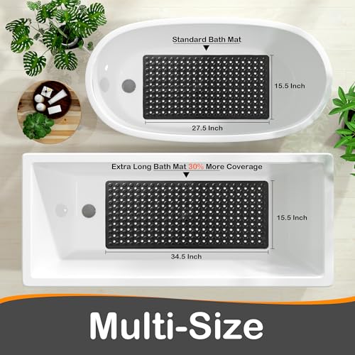 Non-Slip Bathtub Mat, 34.5" x 15.5" Shower Mat with Suction Cups, Black