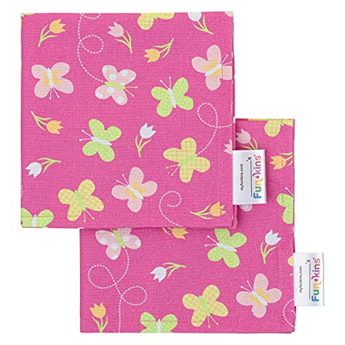 FUN KINS Reusable Cloth Napkins for Kids - Butterflies, 12x12, 2-Ply, Soft Cotton, Machine Washable, Set of 2