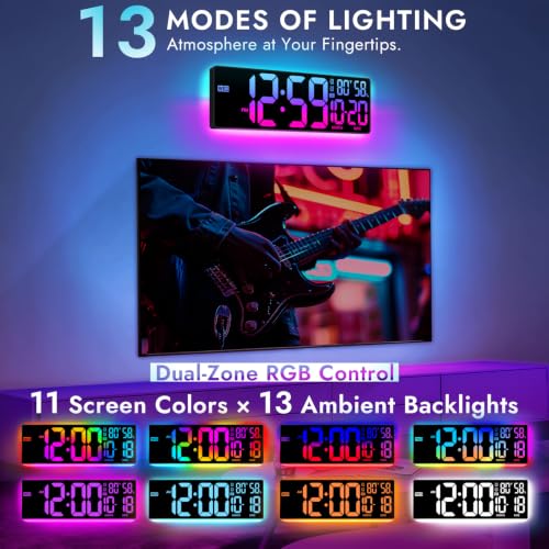 16.5" Large Digital LED Wall Clock with RGB Backlight and Remote Control