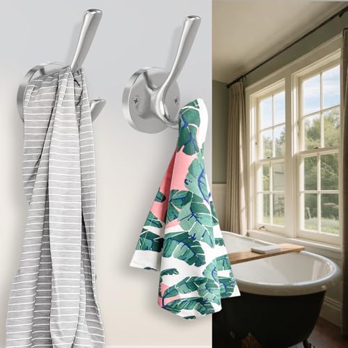 Brushed Nickel Double Wall Hooks - Heavy Duty Coat and Towel Hooks (2 Pack)