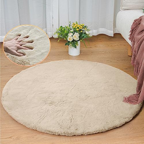 3ft Round Faux Rabbit Fur Area Rug, Soft Washable Shag Rug for Nursery
