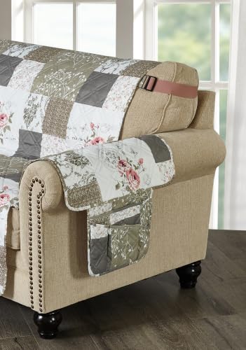 Quilted Pink Rose Toile Couch Armrest Organizer with Magazine Pocket