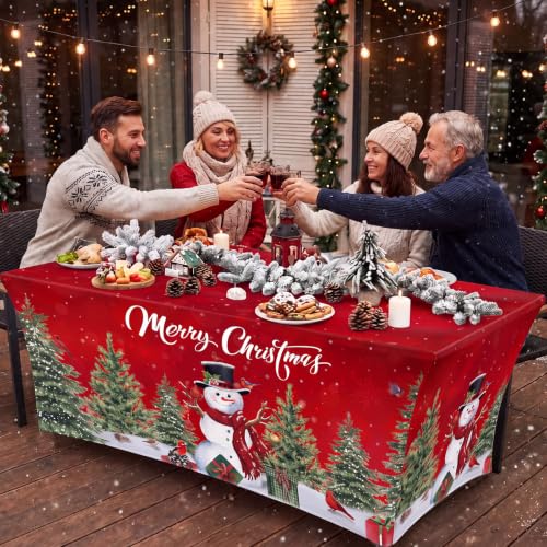 Merry Christmas Stretch Table Cover 2 Pack for 6ft Tables Red Snowman Pine Tree
