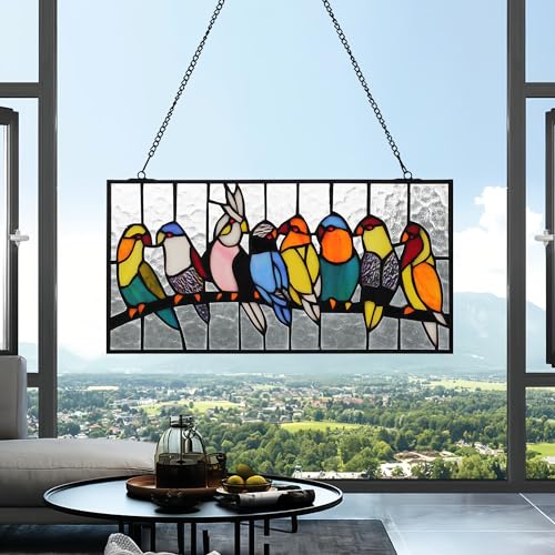 Handmade Tiffany-Style Stained Glass Parrot Window Panel 16" x 8"