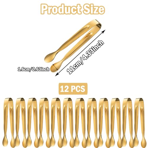 Gold 12Pcs Mini Stainless Steel Serving Tongs 4.3 Inch for Appetizers & Ice
