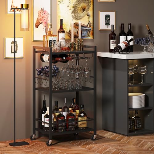 3-Tier Mobile Bar Cart with Wine Rack, Glass Holder, and 6 Hooks