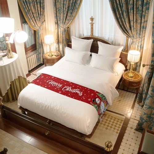Red Christmas Snowman Bed Runner for Full/Queen Size Bed (83x20 Inches)
