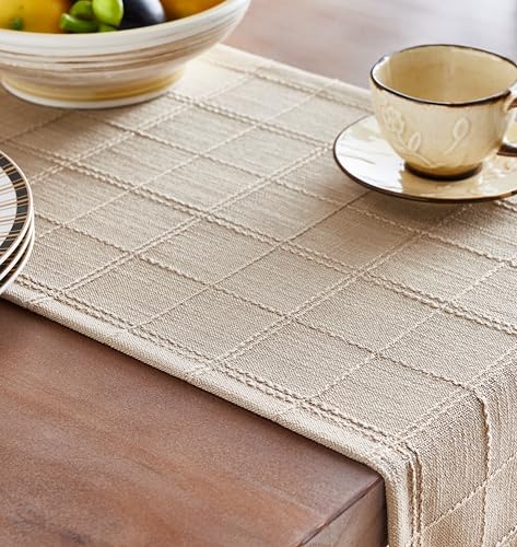 Linen Blend Checked Table Runner, 13x72 Inches Neutral Beige Farmhouse Decor